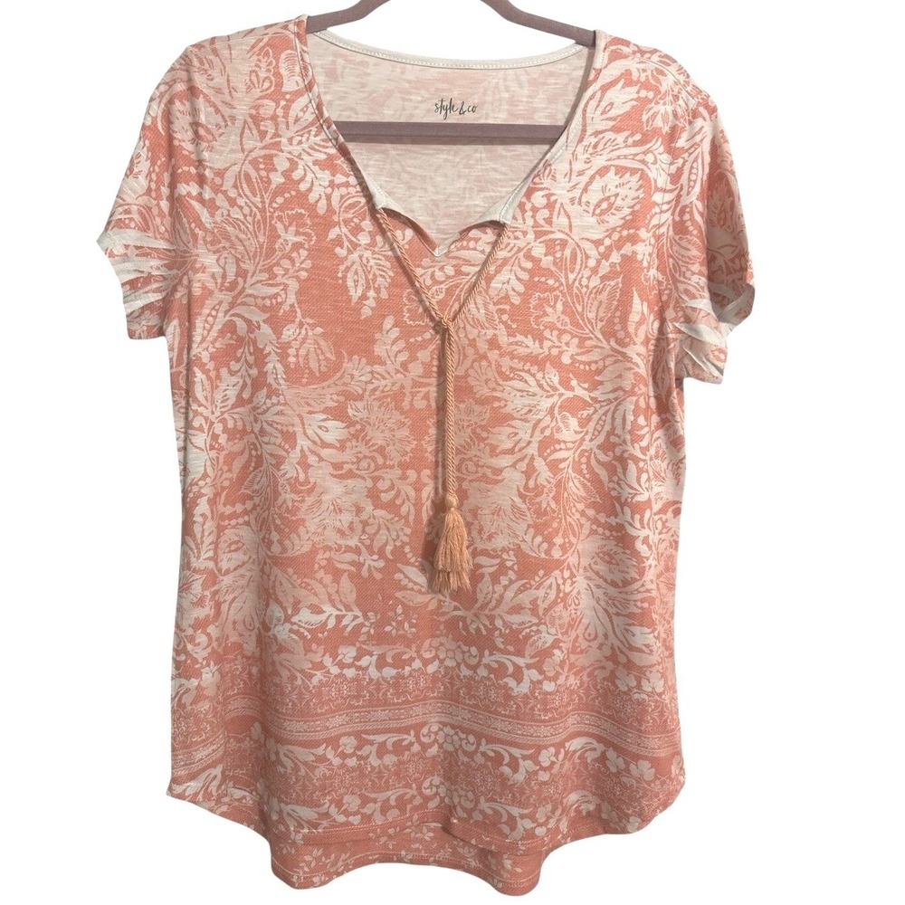 Style & Co T-Shirt Womens Coral Paisley Damask Tassel Peasant Boho Festival M
